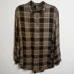 SOYA CONCEPT INGA Plaid Button Up Long Sleeve Shirt Brown Tan Women's